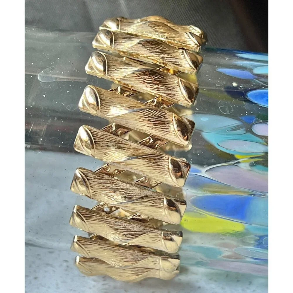 Lot Of 2 Gold Textured Silver-Tone Mid-Century Modern Stretch Bracelets Lot of 2